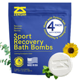 Zensah Sport Recovery Bath Bombs packaging highlights premium ingredients for post-workout relaxation.