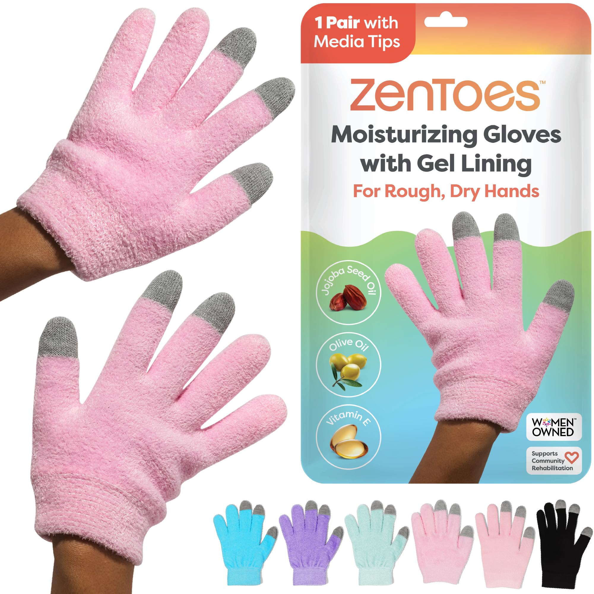 ZenToes Moisturizing Gloves in fuzzy pink shown on hands for overnight hydration.