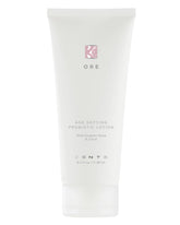 Zents Ore Age-Defying Lotion bottle highlights a silky formula for daily hydration and skin smoothness.