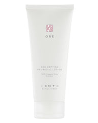 Zents Ore Age-Defying Lotion bottle highlights a silky formula for daily hydration and skin smoothness.