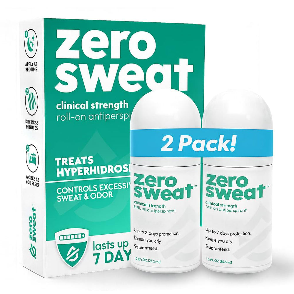 ZeroSweat antiperspirant bottle demonstrates long-lasting dry underarms and confidence.