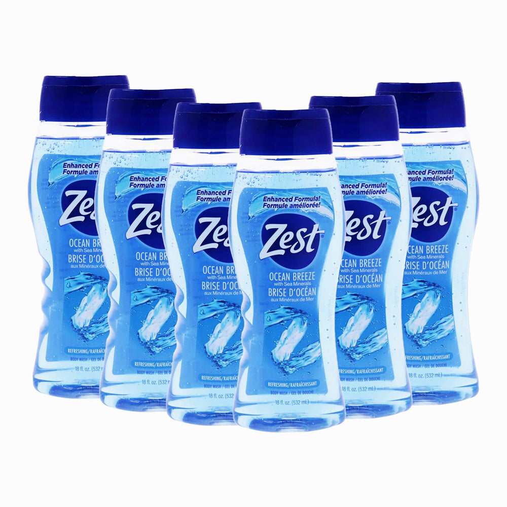 Zest Ocean Breeze Body Wash pack bottle front—ergonomic design for a refreshing daily cleanse.