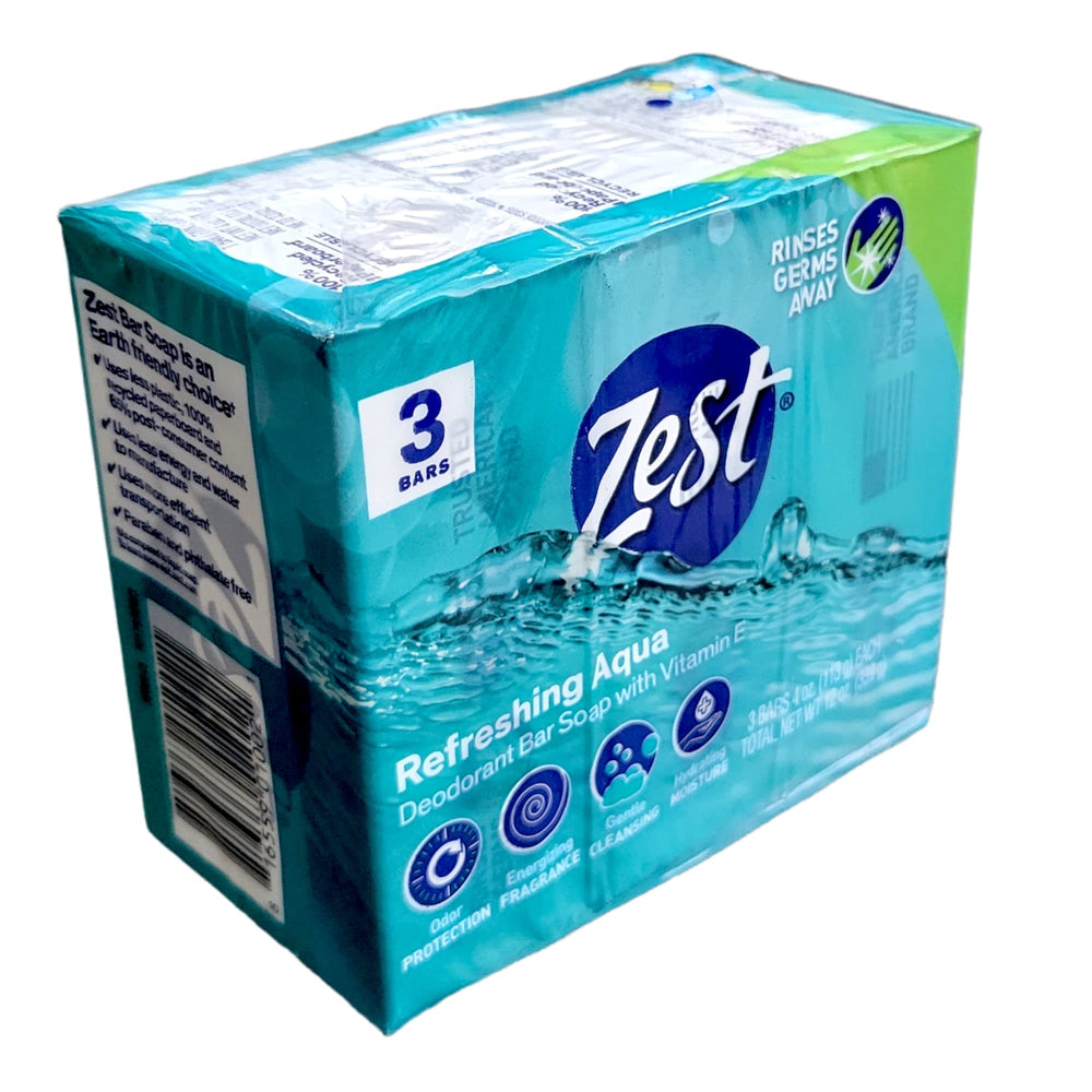 Zest Refreshing Aqua Bars pack showcases three 4 oz bars delivering a hydrating cleanse.