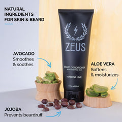 ZEUS beard conditioner wash label highlights Green Tea and natural ingredients.