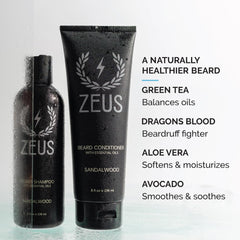 ZEUS beard wash set sandalwood scent closeup highlights rugged aroma for all-day freshness.