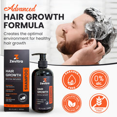 Zevitra Hair Growth Shampoo ginseng ingredient highlighting scalp energy.