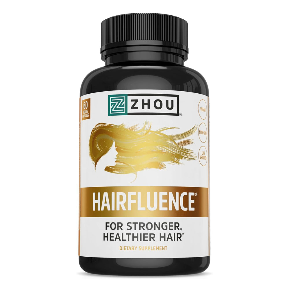 ZHOU Hairfluence bottle close-up for hair growth support.