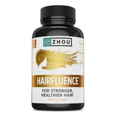 ZHOU Hairfluence bottle close-up for hair growth support.