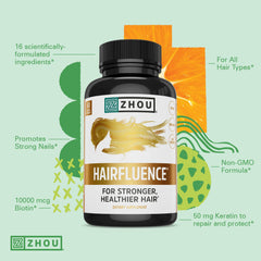 ZHOU Hairfluence label close-up showing Lustriva and Keranat ingredients.