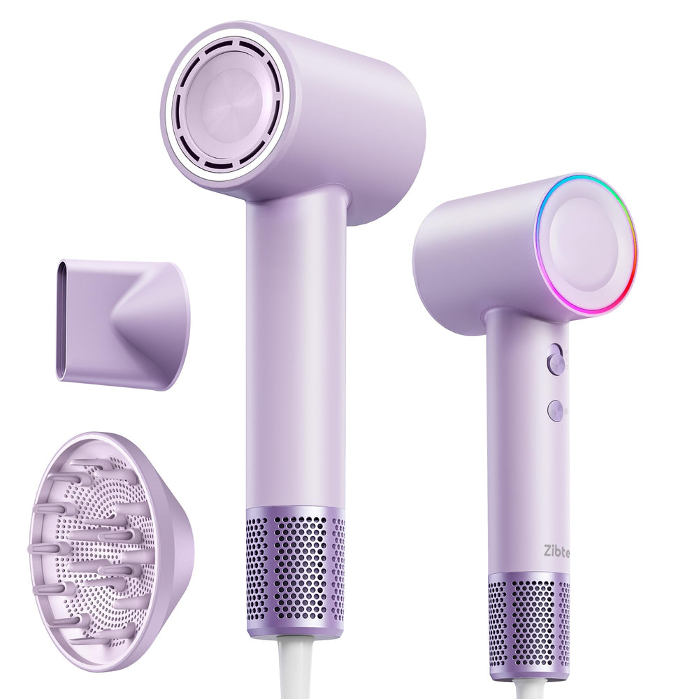 Zibtes high-speed dryer front view shows compact travel-friendly design for quick styling.