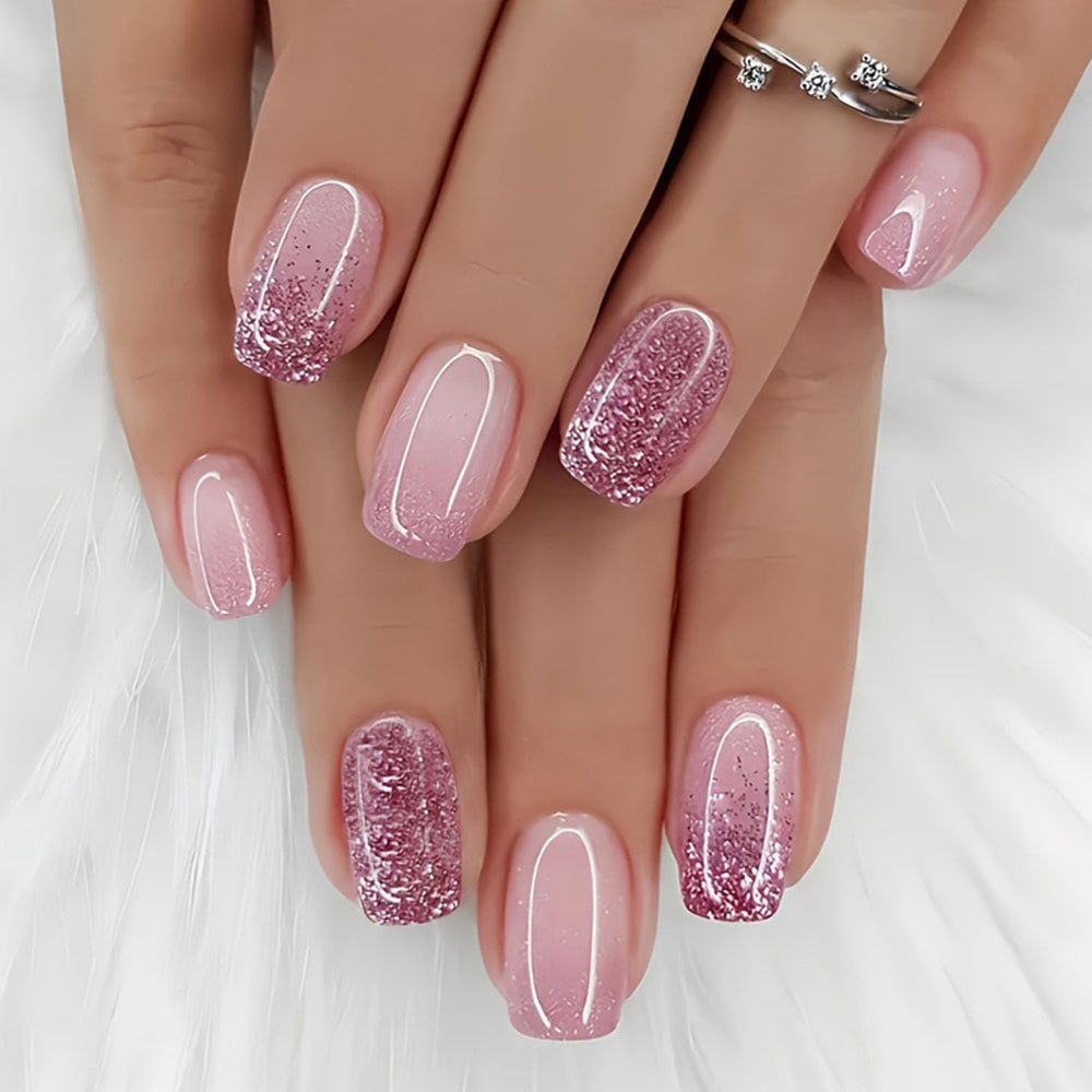 ZIFANHU pink ombre short square press-on nails kit for quick at-home manicures.