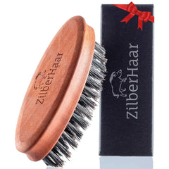 ZilberHaar Pocket Mustache and Beard Brush close-up shows stiff boar bristles for itch relief