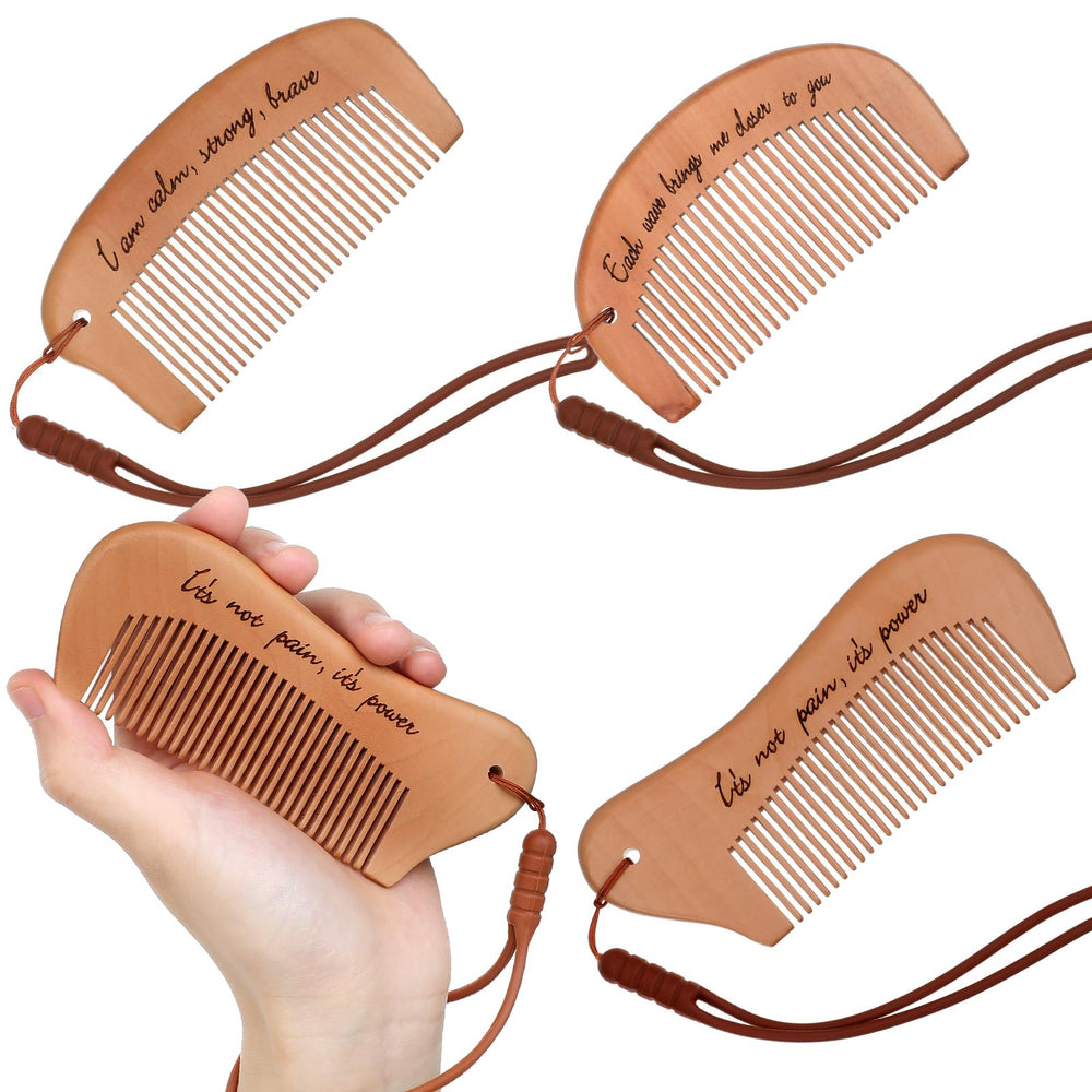 Ziliny birthing comb set, three pieces, engraved, peach wood backdrop for gentle labor support