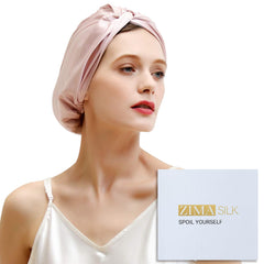 ZIMASILK silk bonnet pink front view highlights luxurious 22 Momme fabric for gentle hair protection