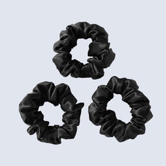 ZIMASILK silk scrunchies three-pack in black close-up showing soft texture and gentle grip