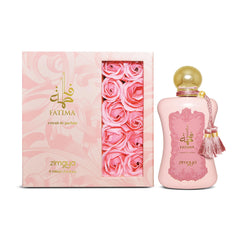 Zimaya Fatima Pink Pour Femme heart notes display with rose and peony for romance.