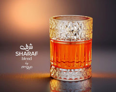 Zimaya Sharaf bottle pour shot, suggesting a bold evening fragrance.