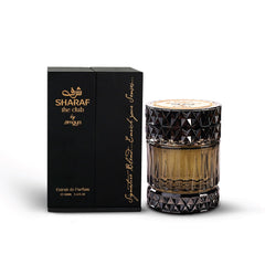 Zimaya Sharaf packaging close-up signals refined unisex fragrance for gifting or personal luxury.