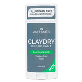 Zion Health clay dry deodorant stick in packaging shows sandalwood scent for daily freshness.