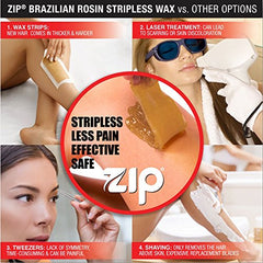 Zip Wax 7oz beeswax close-up highlights dense, strip-free formula for clean hair removal