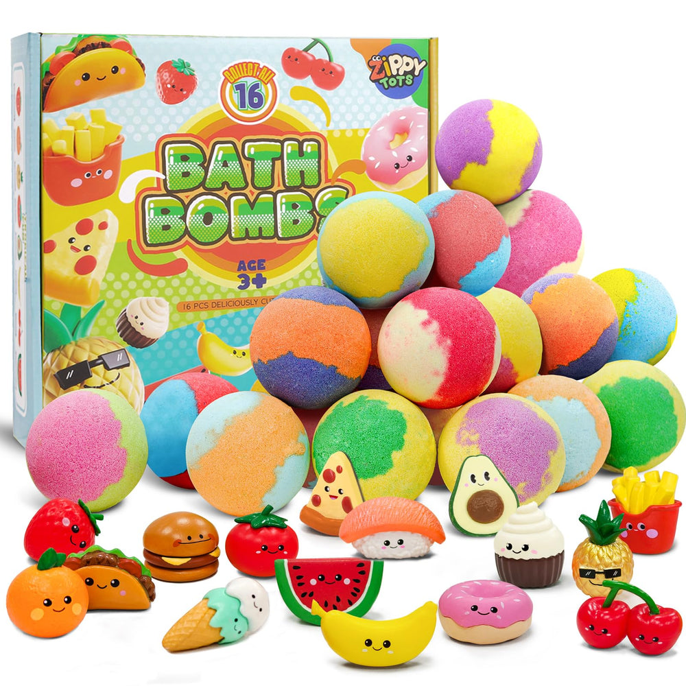 Zippytots 16-pack surprise bath bombs gift box with toys inside for engaging bathtime.