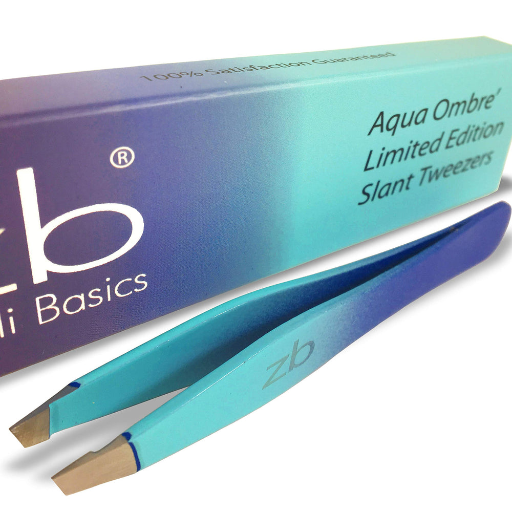 Zizzili Basics tweezers aqua-ombre slant close-up for precise brow shaping