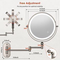 ZLOKLA wall-mounted makeup mirror with 360-degree rotation for adjustable viewing angles.