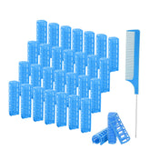 ZMD 28-piece blue plastic hair rollers set for quick, heat-free curls.
