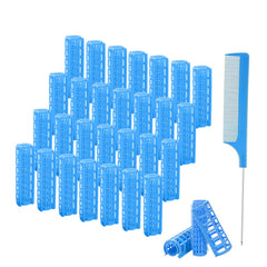ZMD 28-piece blue plastic hair rollers set for quick, heat-free curls.