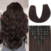 ZNXDJXE dark brown clip-in extensions show close-up texture for natural volume.