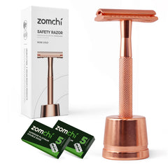 ZOMCHI rose-gold single-blade razor handle closeup for precise, smooth shaving