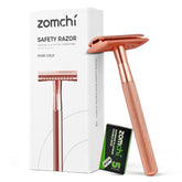 ZOMCHI safety razor in rose gold delivers a close, sustainable shave.