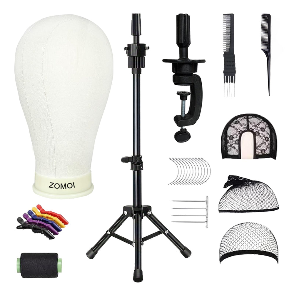 ZOMOI canvas wig head on tripod stand for precise wig styling