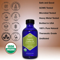 Zongle Therapeutics Organic Castor Oil label communicates organic certification and quality.