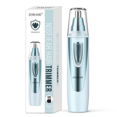 ZORAMI Ear and Nose Trimmer front view shows compact, battery-powered precision for painless grooming.
