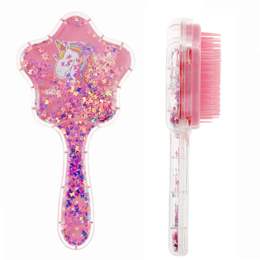 Zou.Rena Little Girls Hair Brush with unicorn-pink design for gentle detangling.