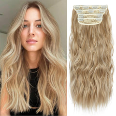 ZQIAN BEAUTY 20inch dark blonde highlights clip-in extensions worn on model for a natural length