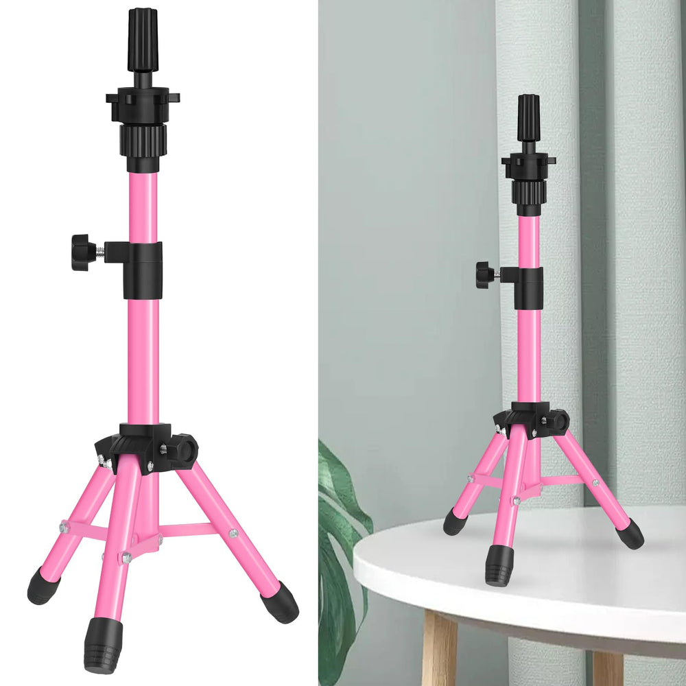 ZQIAN BEAUTY wig stand tripod in pink shows a stable design for training heads.