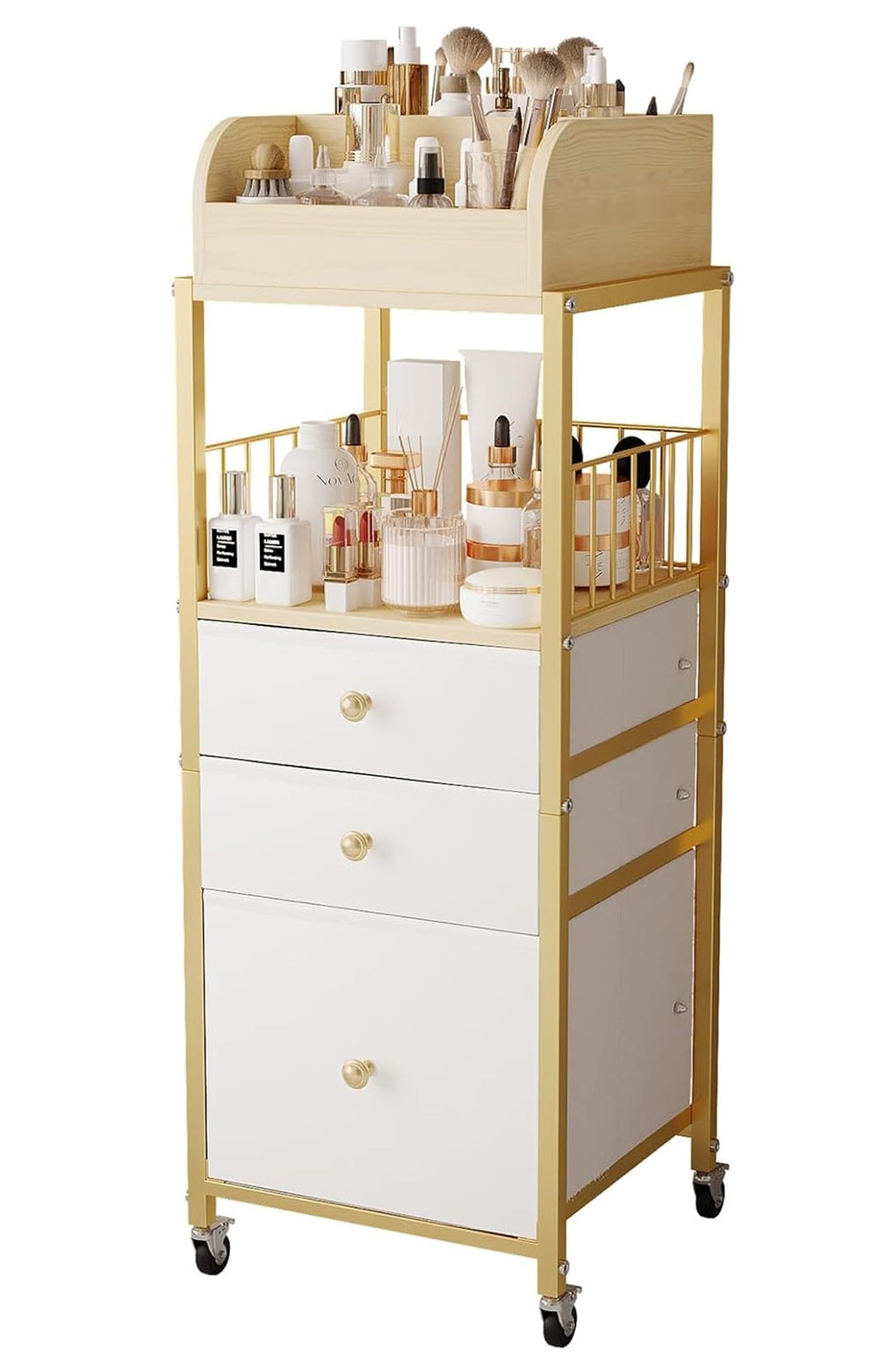 ZQUYAJ makeup organizer cart gold front view for quick, organized vanity storage