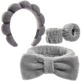 Ztomine bubble-bow headband keeps hair dry during skincare tasks.