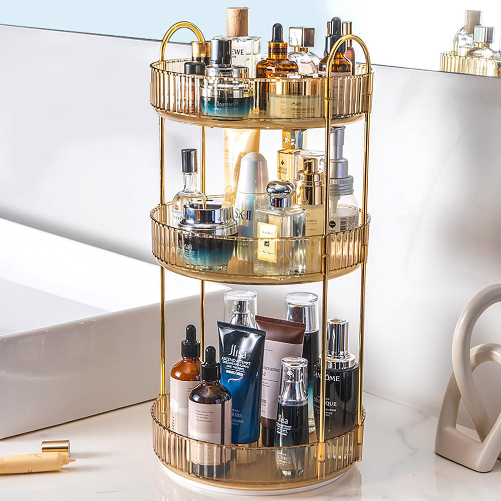 Zufudo rotating makeup organizer in amber gold; 3-tier system for organized vanity storage.