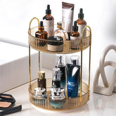 Zufudo rotating makeup organizer amber gold front view shows easy access to cosmetics