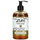 Zum Frankincense Myrrh hand soap bottle showing rich lather for everyday cleansing.