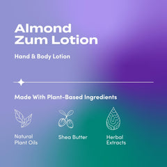 Zum Hand & Body Lotion Almond closeup reveals creamy texture for quick hydration.