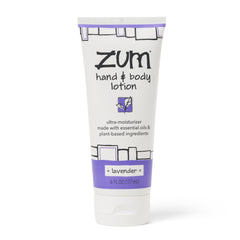 Zum Hand & Body Lotion bottle showing lavender scent for daily hydration.