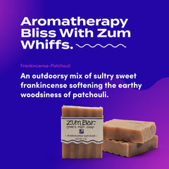 Zum Indigo Wild frankincense blends soap bar label with calming aroma hints