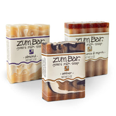 Zum Indigo Wild Goat's Milk Soap Bar 3-pack front view, nourishing cleanse for hands and body
