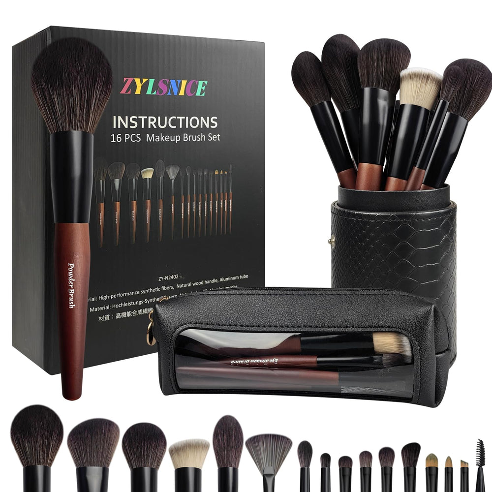 Zylsnice 16pc makeup brush set in case for organized travel-ready makeup.