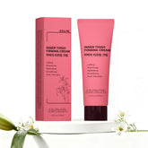 ZZILME Inner Thigh Firming Cream bottle close up highlighting caffeine and peptides for skin support