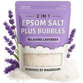 ZZZELLNESS Epsom Salt Plus Bubbles lavender bath scene highlights relaxing aromatherapy and muscle comfort.